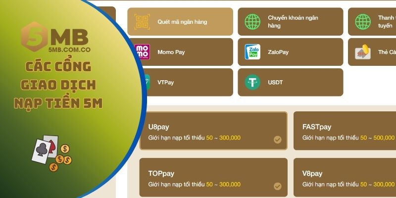 Các cổng giao dịch nạp tiền 5MB được hỗ trợ
