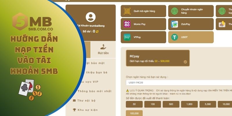 Hướng dẫn nạp tiền vào tài khoản 5MB để chơi